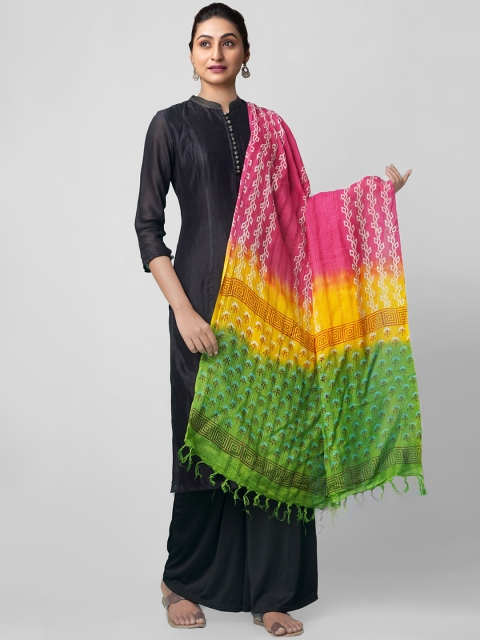 Unnati Silks Pink & Green Printed Dupatta