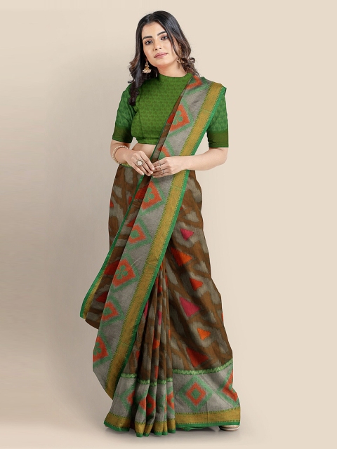 KLM Fashion Mall Green & Brown Silk Blend Woven Design Chanderi Saree