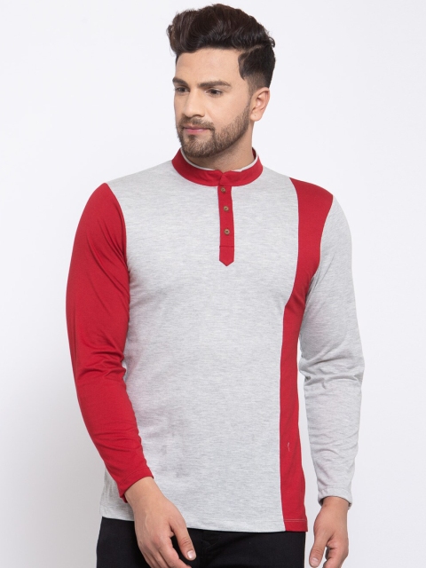 Kalt Men Grey & Red Colourblocked Henley Neck T-shirt
