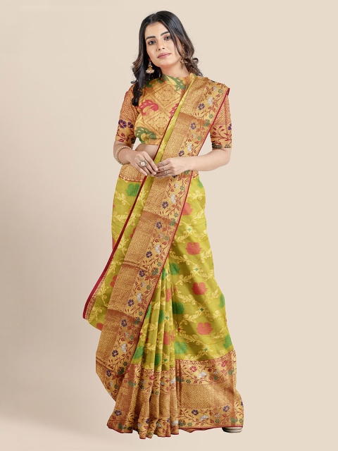 KLM Fashion Mall Green & Orange Silk Blend Woven Design Banarasi Saree