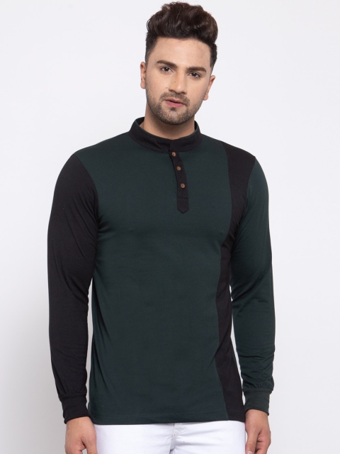 Kalt Men Green & Black Colourblocked Henley Neck T-shirt