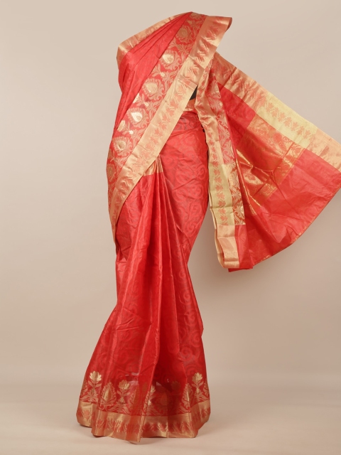 Pothys Orange & Gold-Toned Pure Silk Woven Design Tussar Saree