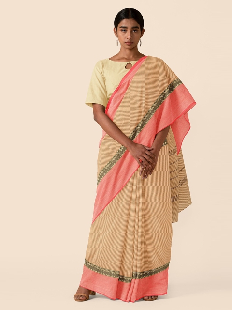 Taneira Beige Pure Cotton Striped Chettinad Saree