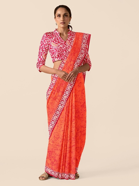 Taneira Orange Pure Cotton Printed Block Print Saree