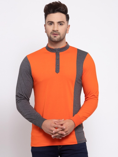 Kalt Men Orange & Grey Colourblocked Mandarin Collar T-shirt
