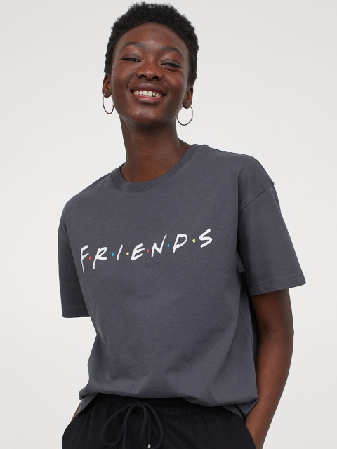H&M Women Grey FRIENDS Printed Cotton T-shirt