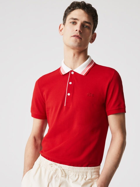 Lacoste Men Red Solid Polo Collar Cotton T-shirt