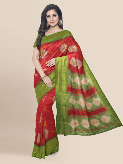 KLM Fashion Mall Red & Green Linen Blend Printed Banarasi Saree