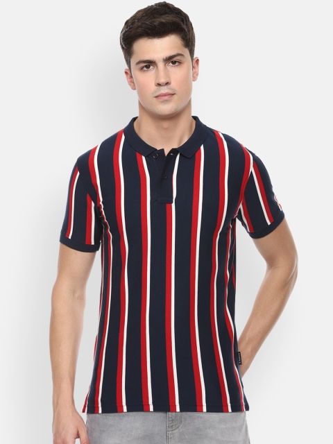 V Dot Men Navy Blue Striped Henley Neck T-shirt