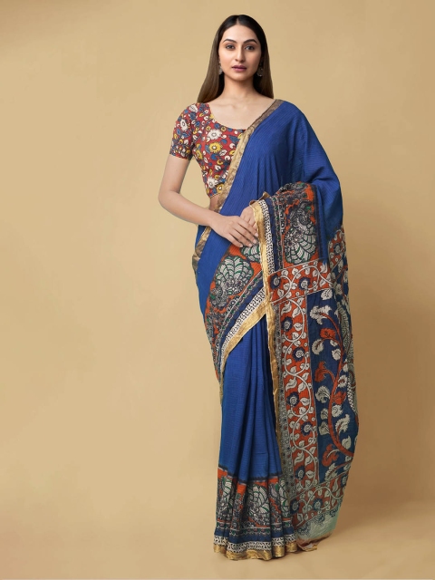 Unnati Silks Blue Pure Cotton Solid Kanjeevaram Saree