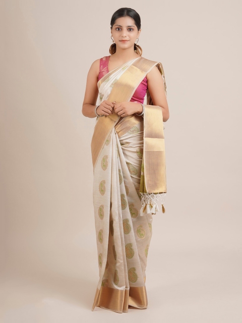 Pothys Cream-Coloured & Gold-Toned Jute Silk Woven Design Saree