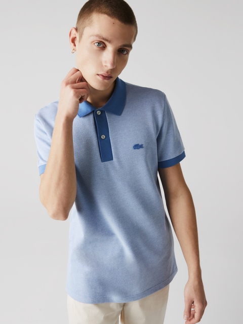 Lacoste Men Blue Solid Cotton Polo Collar T-shirt