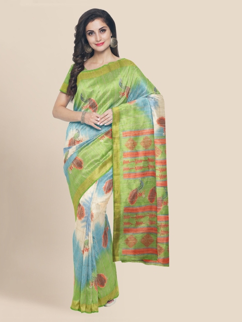 KLM Fashion Mall Green & Blue Linen Blend Checked Banarasi Saree