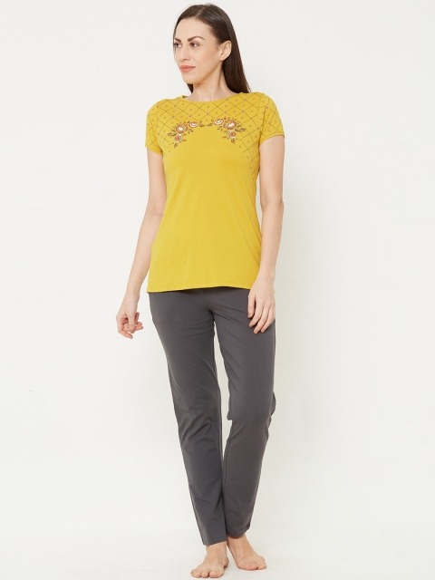 Sweet Dreams Women Mustard Yellow & Grey Printed Night suit