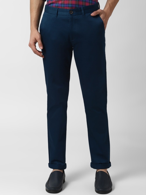Peter England Casuals Men Navy Blue Slim Fit Solid Cotton Regular Trousers