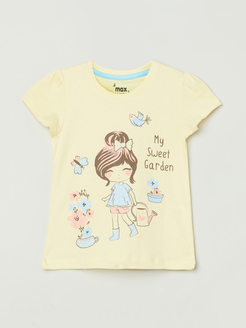 max Yellow Printed Puff Sleeves Pure Cotton Regular Top