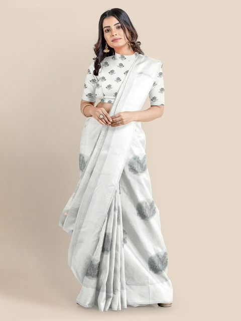 KLM Fashion Mall White & Grey Silk Blend Woven Design Banarasi Saree