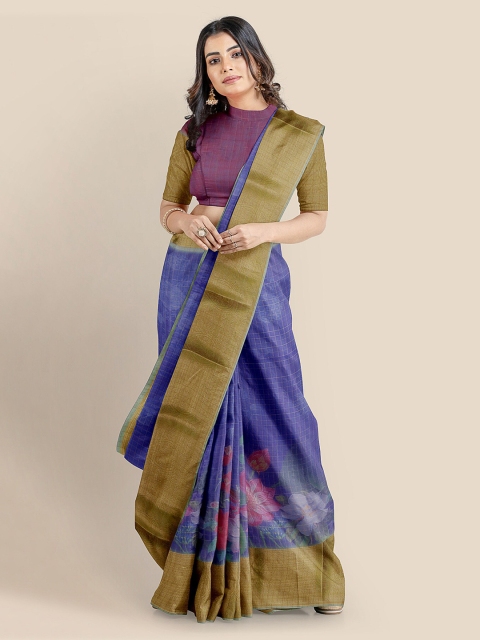 KLM Fashion Mall Navy Blue Silk Blend Checked Banarasi Saree