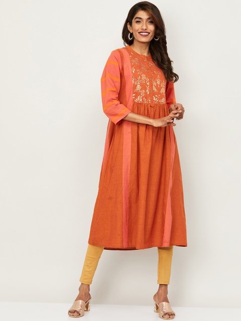 Melange by Lifestyle Women Orange Ethnic Motifs Yoke Design Flared Sleeves Thread Work Kurta