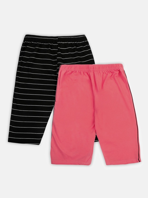 Punkster Girls Pink & Black Striped Regular Fit Capris Set of 2