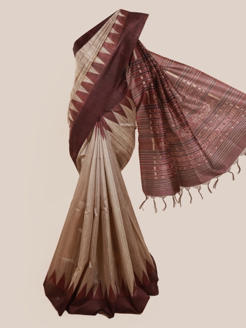 Pothys Cream-Coloured Solid Jute Silk Saree