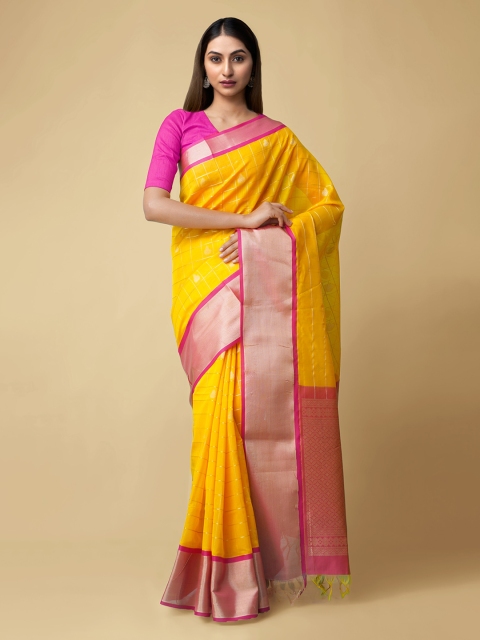 Unnati Silks Yellow Silk Cotton Checked Handloom Kanjeevaram Saree
