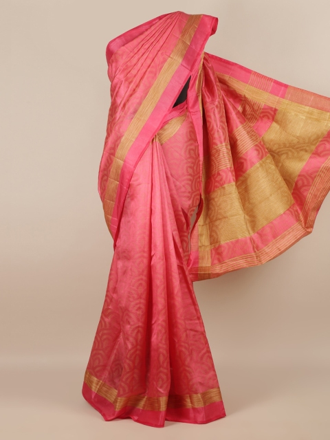 Pothys Pink & Gold-Toned Jute Silk Printed Saree