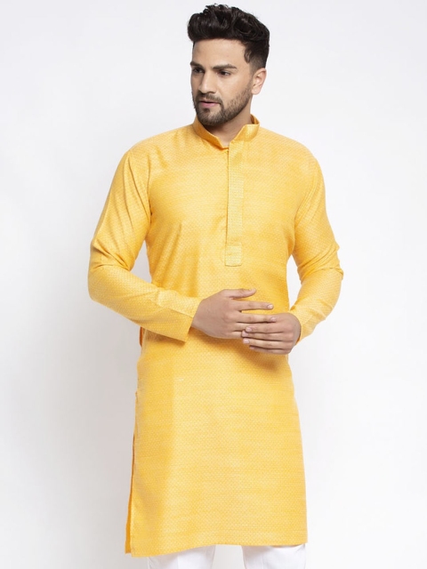 Jompers Men Yellow Flared Sleeves Thread Work Kurta