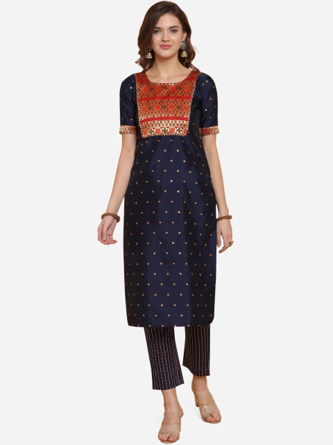 GoSriKi Women Navy Blue & Red Printed Kurta with Trousers