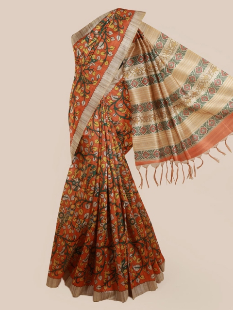 Pothys Orange Printed Jute Silk Saree