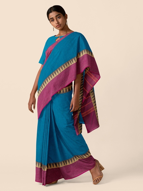 Taneira Blue Pure Cotton Solid Chettinad Saree