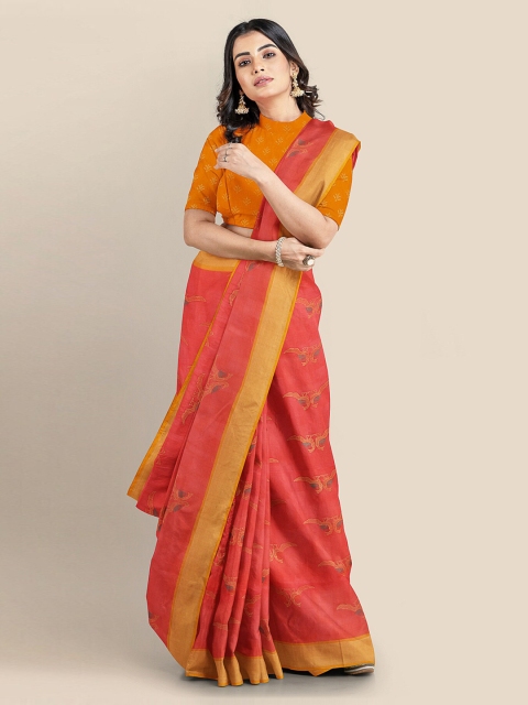 KLM Fashion Mall Red Silk Blend Printed Banarasi Saree