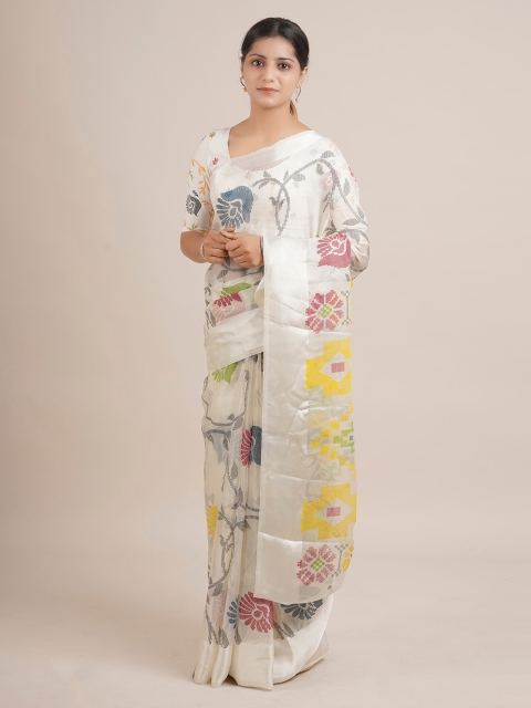 Pothys White Printed Jute Silk Saree