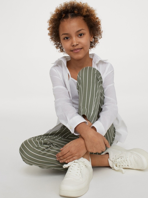 H&M Girls Green & White Striped Paper Bag Trousers