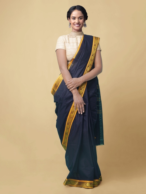 Unnati Silks Navy Blue Pure Cotton Solid Kanjeevaram Saree