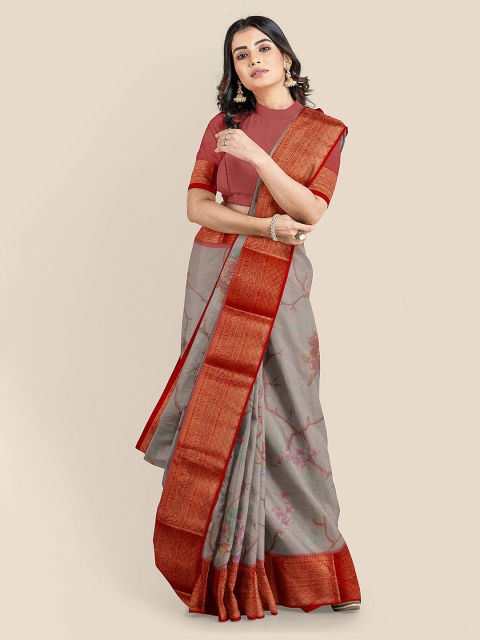 KLM Fashion Mall Grey Silk Blend Printed Banarasi Saree