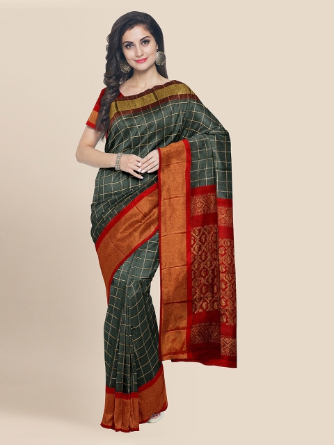 KLM Fashion Mall Green Silk Cotton Checked Chanderi Saree