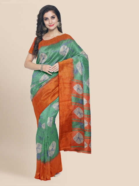 KLM Fashion Mall Green Linen Blend Checked Banarasi Saree