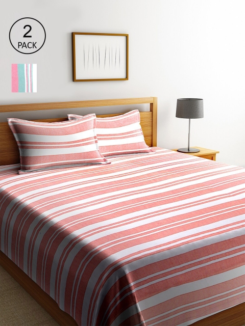 KLOTTHE Set of 2 Pink & Green Striped Double King Bed Covers With 4 Pillow Covers
