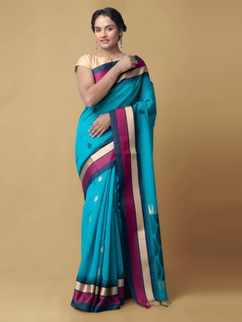 Unnati Silks Blue Silk Cotton Striped Kanjeevaram Saree