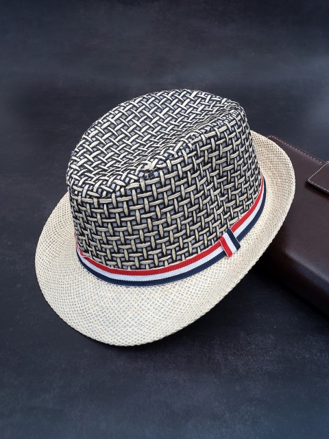 Golden Peacock Unisex Beige & Black Woven Design Straw Sun Hat