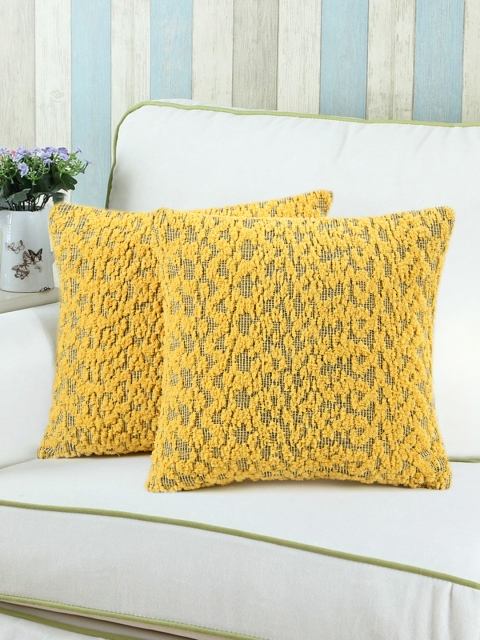 Saral Home Set of 2 Yellow & Gold-Toned Self Design Square Cushion Covers