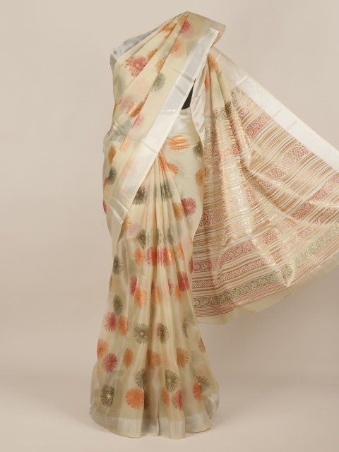 Pothys Cream-Coloured Printed Tissue Saree