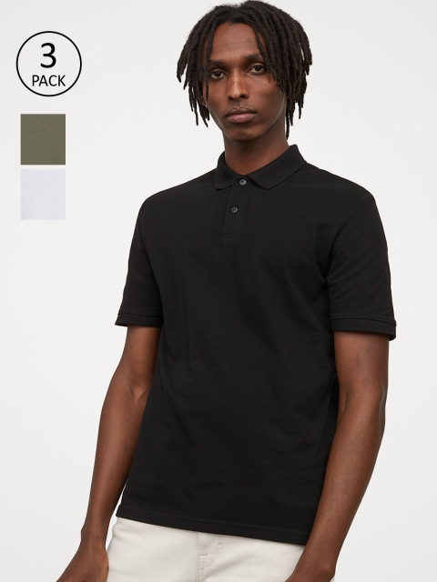 H&M Men 3-pack White & Black Regular Fit Cotton Polo T-shirts