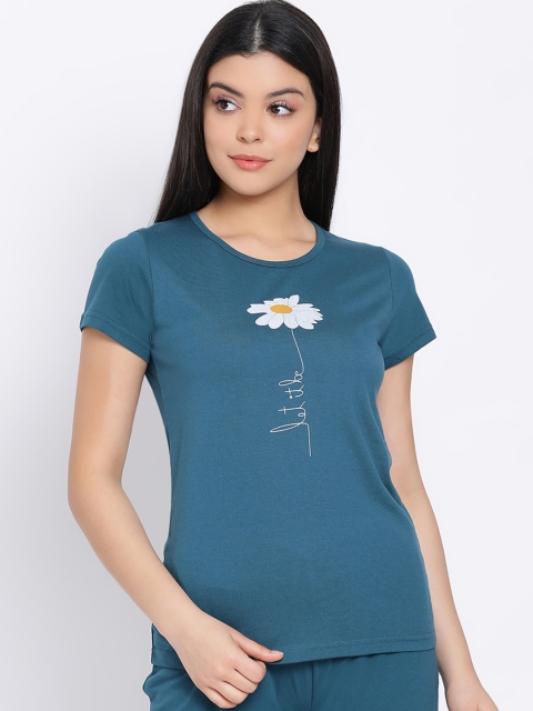 Kanvin Women Teal Blue & White Printed Lounge T-shirt