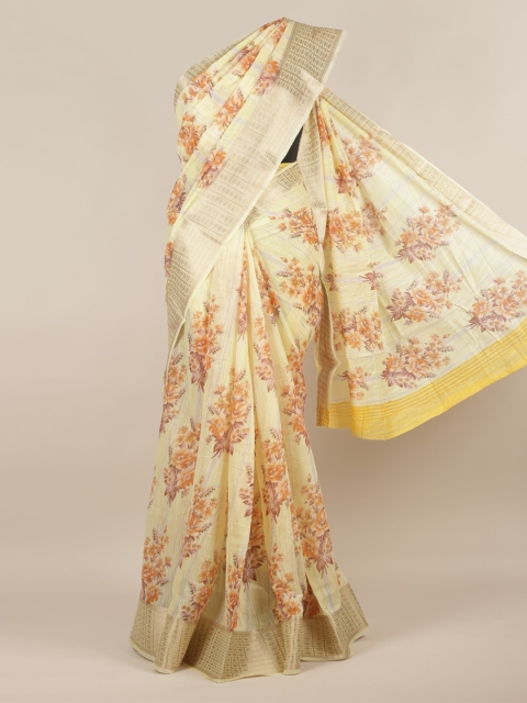 Pothys Yellow Printed Jute Silk Saree