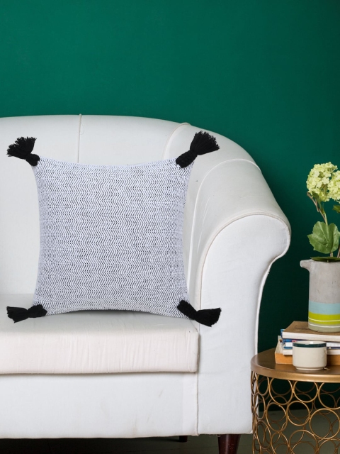 Mezposh White & Black Set of Single Self Design Square Cushion Covers