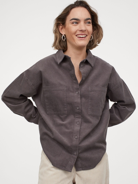 H&M Women Grey Solid Oversized Corduroy Shirt