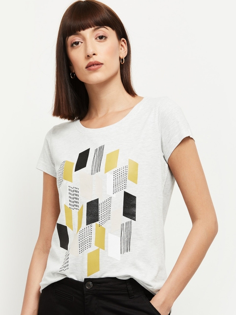 max Women Grey Printed Round Neck T-shirt
