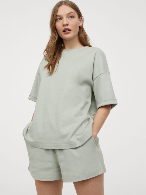 H&M Women Pastel Green Cotton Jersey Night Suit